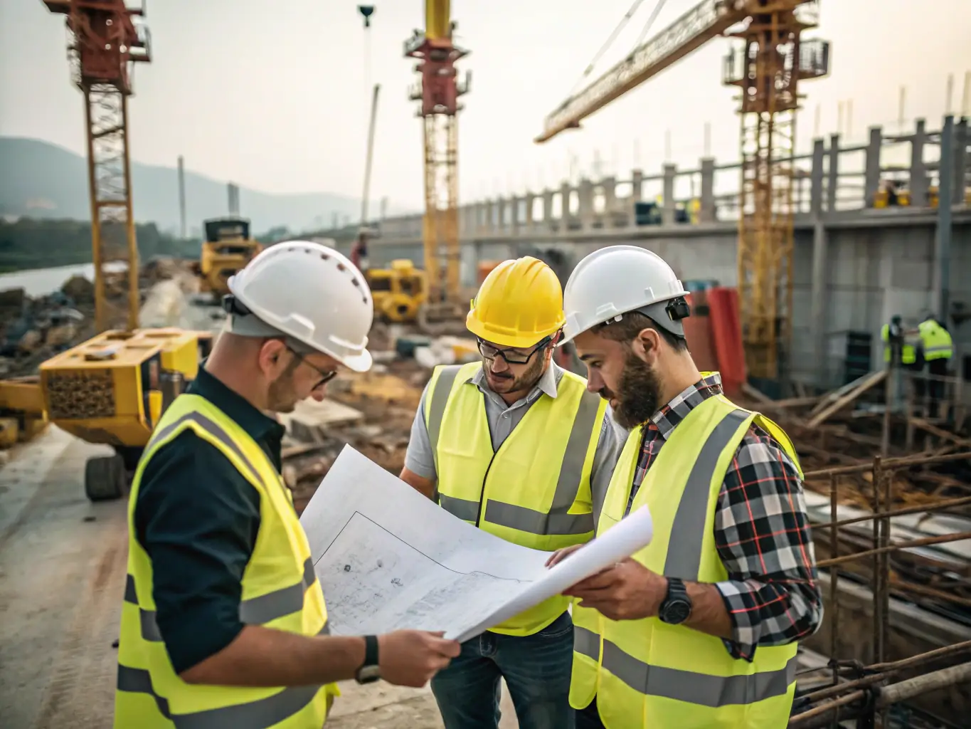 A construction site with a team of architects and engineers reviewing blueprints, showcasing project management in action.